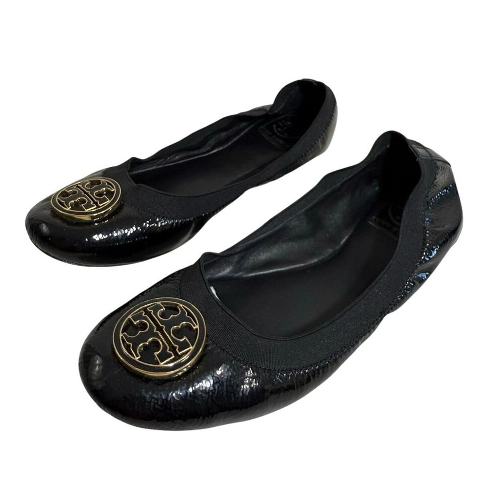 Tory Burch Caroline Ballet Flats Women’s 9 Black Patent Leather Logo Shoes - Picture 2 of 15